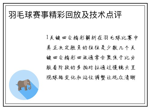 羽毛球赛事精彩回放及技术点评