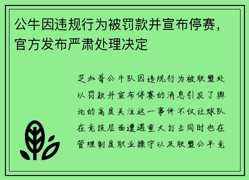 公牛因违规行为被罚款并宣布停赛，官方发布严肃处理决定