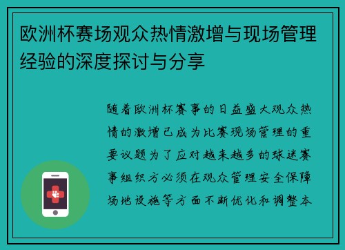 欧洲杯赛场观众热情激增与现场管理经验的深度探讨与分享